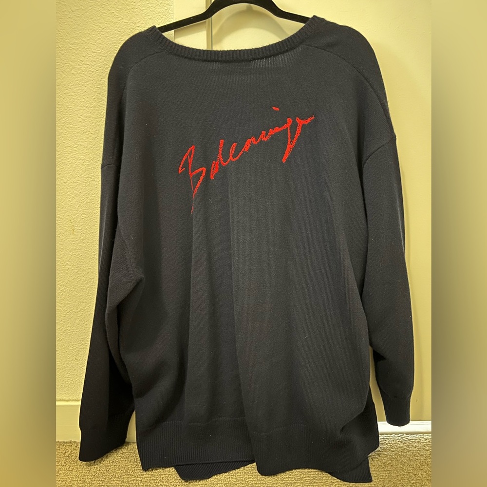 BALENCIAGA Oversized Cashmere Navy Blue V-Neck Red Cursive Knit Sweater Sz M
